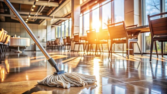 Efficient mop head cleaning sunlit restaurant floor, household management, floor