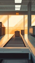 Obraz premium Luggage on conveyor at airport during sunset.