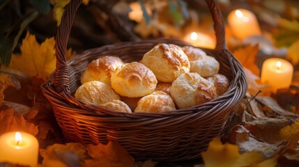 Golden Crisp Maple Flavored Buns in a Rustic Basket with Leaves