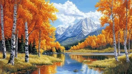 Autumnal Birch Trees Beside a Calm Lake and Majestic Mountains