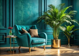 Serene Teal Room: Velvet Chair, Tropical Plant, Gold Accents, Elegant Interior Design