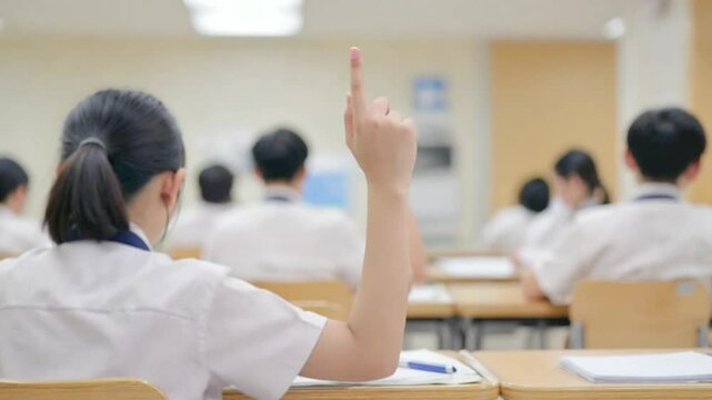 Raising hand for question in classroom, Student raised finger. Raising hand and finger to ask a business question in a modern office. Closeup of group of colleagues with raised fingers at a conference
