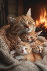 Fototapeta premium Four adorable kittens snuggle against their mother, radiating warmth and comfort by the crackling fireplace on a cozy day. Generative AI