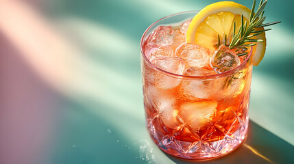 Refreshing aperol spritz cocktail with lemon and rosemary under soft light