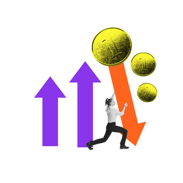 Conceptual art design. Businesswoman struggles to push trotting golden coins against falling orange arrow as purple arrow indicate economics uncertainty. Concept of economic sanctions, crisis.