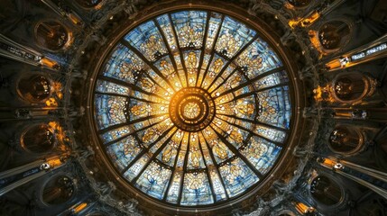 Obraz premium Ornate ceiling, stained-glass dome, sunlit, majestic interior.