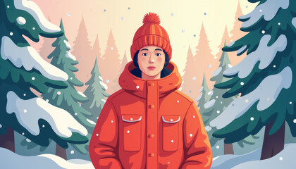 Winter wonderland adventure in vibrant colors capturing a chilly day in a snowy forest with a cheerful figure in warm attire