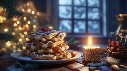 Fototapeta premium Warm Stack of Waffles with Candlelight in Cozy Winter Setting