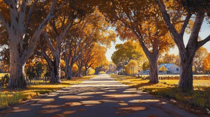 Fototapeta premium Autumnal Roadside Serenity: A picturesque country lane lined with golden trees, bathed in the warm glow of sunlight.