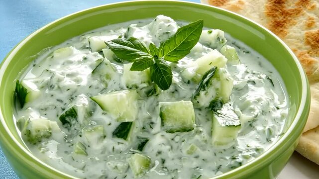 Traditional Greek Tzatziki dip sauce made with cucumber sour cream. Yogurt sauce with dill, lemon juice, olive oil. Served with toasted Za'atar Pita bread. Top view. Tarator, cacik or tartar.