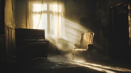 A dimly lit room with old furniture covered in dust. The faint sound of a music box playing a haunting lullaby fills the air as shadows dance across the walls.