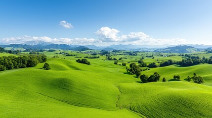 Obraz premium Rolling green hills, sunny day, mountain backdrop; idyllic rural landscape