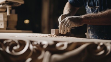 A focused shot of a carpenter crafting custom millwork for a luxury residential project, Luxury residential construction scene, Bespoke woodworking style