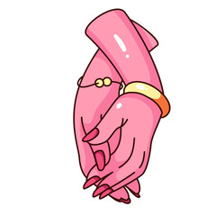 Groovy two cartoon girls hands holding together. Funny retro hands of friends touch with support. Love, relationship mascot, cartoon romantic gesture sticker of 70s 80s style vector illustration