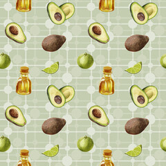 Watercolor avocado pattern. Seamless pattern with avocado and lime, and a bottle of oil on a lattice background. A slice of lime and half of an avocado with a stone. Design for food packaging.