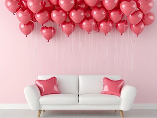 Heart-shaped balloons are used to decorate the living room for an intimate gathering