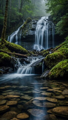 Obraz premium Misty waterfall cascading into a serene forest pool.