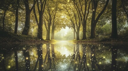Reflective water, trees, path, glowing lights, serene forest.