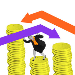 Modern artwork. Businesswoman struggles to hold up purple downward arrow while standing on golden...