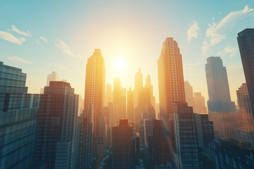 Stunning Urban Skyline at Sunset with Modern Skyscrapers, Glass Buildings, and Colorful Reflections – A Futuristic Cityscape with Warm Golden and Cool Blue Tones for Corporate and Commercial Use