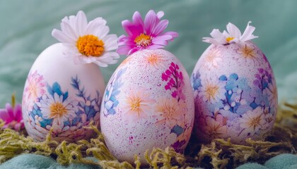 Fototapeta premium Easter floral composition. Colorful Easter eggs with a delicate floral design on a green background.