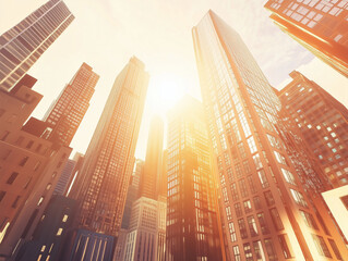 Stunning Urban Skyline at Sunset with Modern Skyscrapers, Glass Buildings, and Colorful Reflections – A Futuristic Cityscape with Warm Golden and Cool Blue Tones for Corporate and Commercial Use