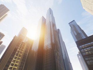 Stunning Urban Skyline at Sunset with Modern Skyscrapers, Glass Buildings, and Colorful Reflections – A Futuristic Cityscape with Warm Golden and Cool Blue Tones for Corporate and Commercial Use