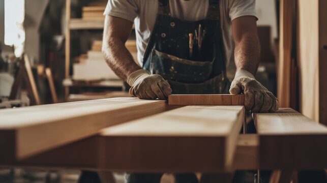 A focused shot of a carpenter crafting custom wooden fixtures for a luxury condominium renovation, Luxury condominium renovation scene, Bespoke woodworking style