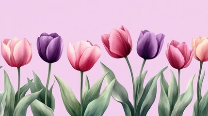 Colorful Tulips Arranged in a Lovely Floral Row