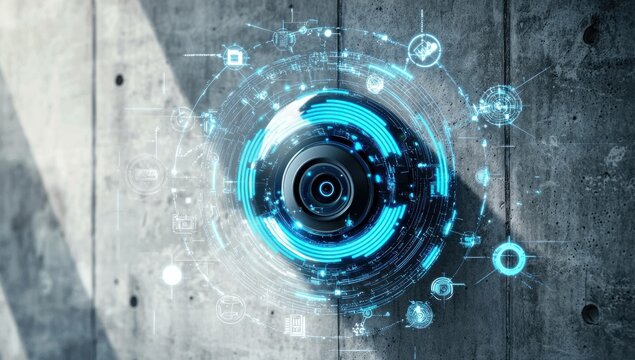 Futuristic digital interface on a concrete wall, featuring glowing blue technology symbols, representing innovation and modernity in a contemporary setting