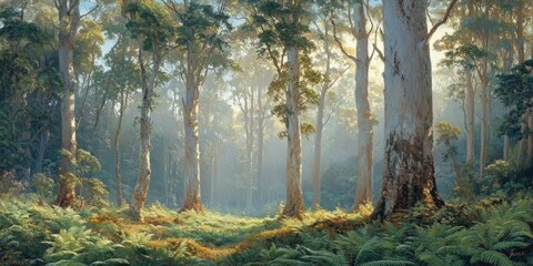 Lush forest with towering trees bathed in morning light