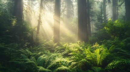 Fototapeta premium Sunlight filters through tall trees in a lush forest