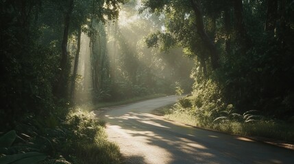 Obraz premium Sunlight filtering through a lush green forest onto a winding road creating a magical atmosphere