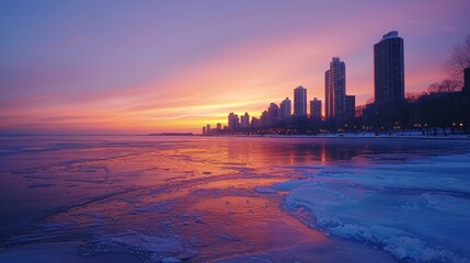 Naklejka premium A winter skyline at sunset, reflecting warm orange and pink hues, icy lake in the foreground, serene mood