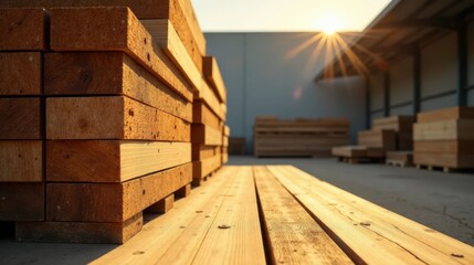 Golden Hour Lumber Stack  Sunlight illuminates neatly stacked planks of lumber in a warehouse, showcasing the natural beauty and quality of the wood.