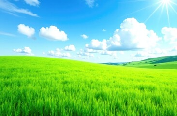 Obraz premium Green grass field and blue sky summer landscape background
