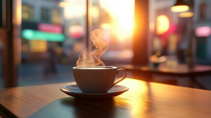 Morning coffee with steam rising by the window at sunset