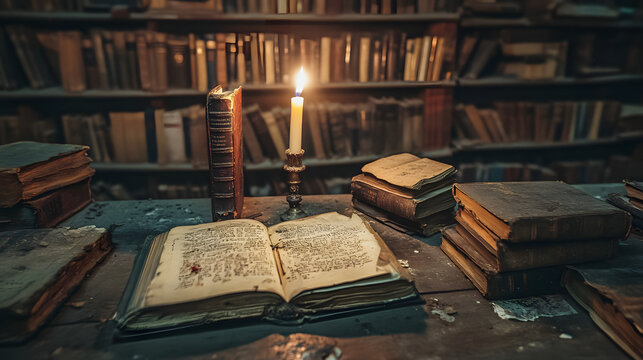 A dusty, forgotten library, its shelves filled with old, tattered books. A single candle flickers on a desk, illuminating a page with strange, cryptic symbols.