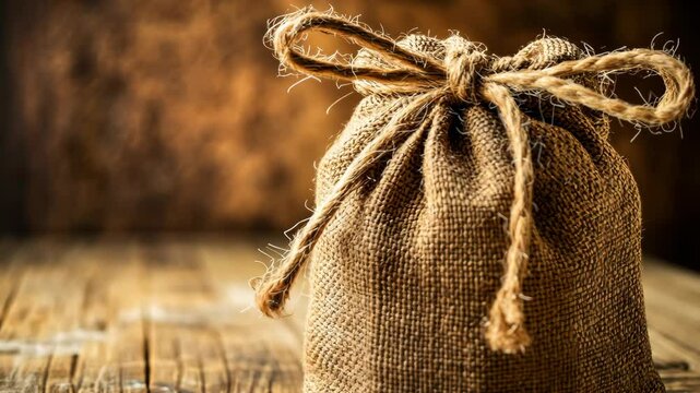 Rustic burlap sack tied with twine resting on a wooden table in warm lighting perfect for crafts or decor