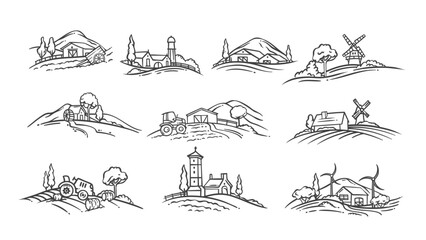 Countryside scenes with farm field, tractors and farmer houses line icons set. Outline hand drawn vintage water and wind mill, barn, works on land. Farm mascot, farmland icons vector illustration © setory