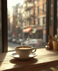 Fototapeta premium Warm cup of coffee on a wooden table in a city cafe