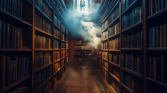 A dusty library with books stacked high. Shadows flicker as if something is moving between the shelves, but nothing is seen.