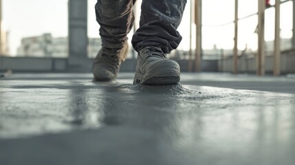A focused shot of a concrete finisher smoothing out freshly poured concrete on a high-rise building floor, High-rise construction scene, Concrete finishing style