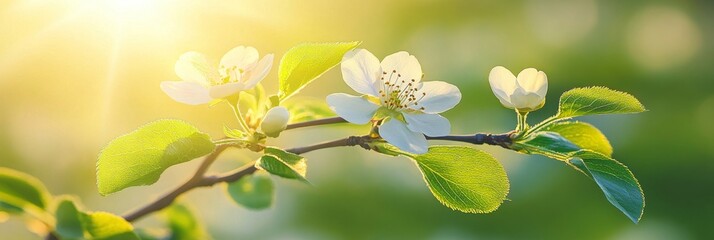 Fototapeta premium Springtime Sunlight Illuminates Beautiful White Blossoms on Branch with Delicate Green Leaves