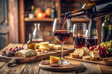 Aromatic Red Wine Poured into Crystal Glass, Accompanied by Selection of Cheeses and Bread on Rustic Wooden Table