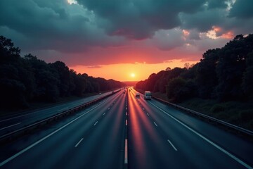 Obraz premium A picturesque highway scene at sunset, featuring vehicles traveling along a multi-lane road bordered by lush greenery, bathed in the warm glow of the setting sun.