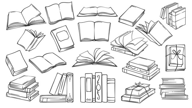 Open and closed paper books, bookshelf stack line icon. Outline hand drawn vintage diary, literature of bookstore, side and top view. Library mascots, simple books icon collection vector illustration