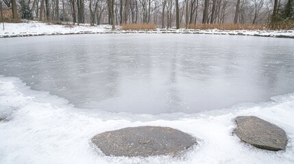 Frozen Pond in Winter Park, Calm Scene
