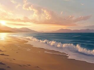 Obraz premium Waves gently lap the sandy shore at sunset near hills