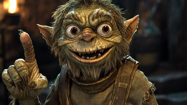 Cheerful goblin character in a dimly lit cave setting sharing a humorous insight during a magical adventure